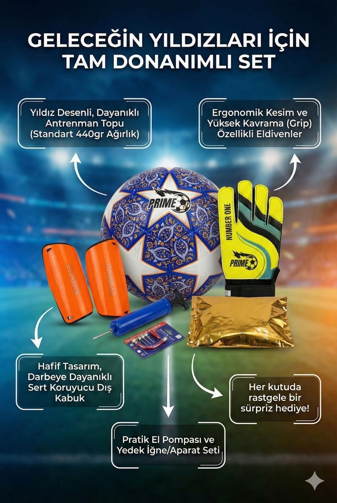 Prime Sports Futbol Başlangıç Seti (Futbol Topu Kaleci Eldiveni , Pompa ve Tekmelik)