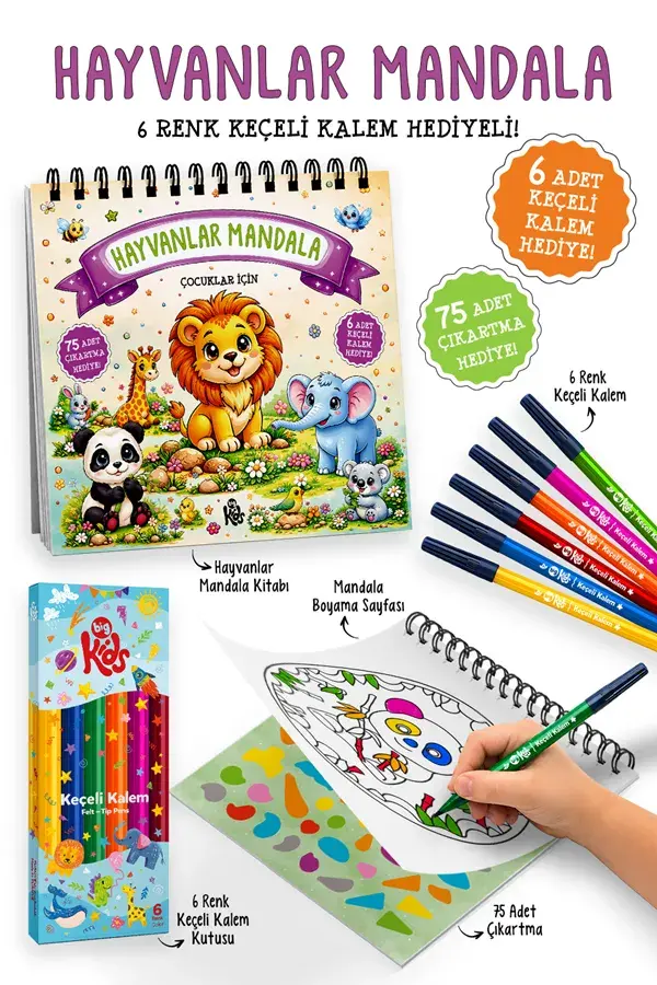 Bigkids Yayınları Hayvanlar Mandala - 6 Renk Keçeli Kalem ve 75 Adet Çıkartma Hediyeli 3+