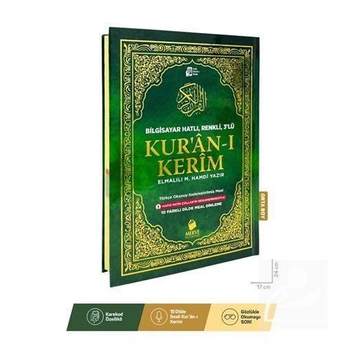 Merve Yayınları Orta Boy Kuranı Kerim Bilgisayar Hatlı Satıraltı Türkçe Okunuşlu Renkli 3Lü Meal