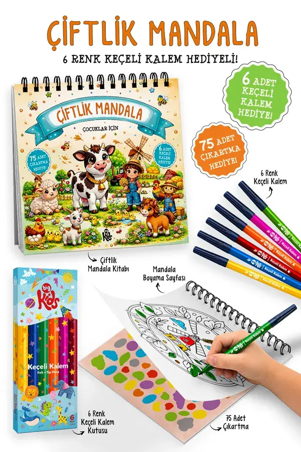 Bigkids Yayınları Çiftlik Mandala - 6 Renk Keçeli Kalem ve 75 Adet Çıkartma Hediyeli 3+