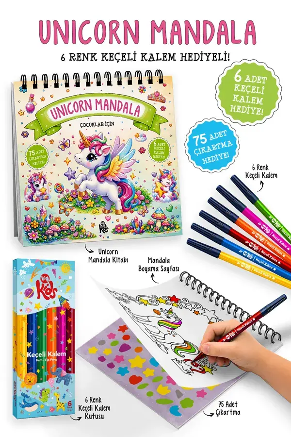 Bigkids Yayınları Unicorn Mandala - 6 Renk Keçeli Kalem ve 75 Adet Çıkartma Hediyeli 3+