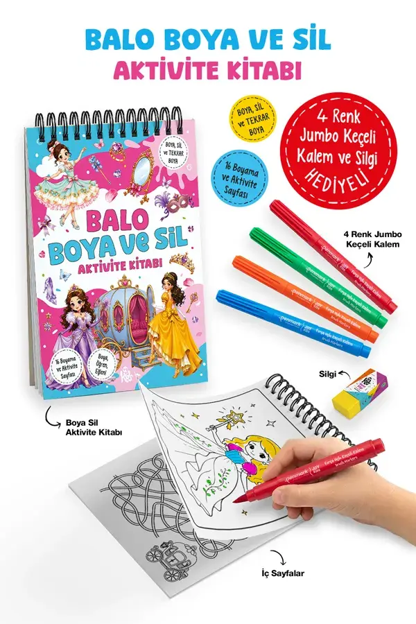 Bigkids Yayınları Balo – Boya ve Sil Aktivite Kitabı – 4 Renk Jumbo Keçeli Kalem ve Silgi Hediyeli / 3 Yaş +