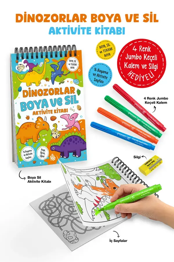 Bigkids Yayınları Dinozorlar – Boya ve Sil Aktivite Kitabı / 3 Yaş +