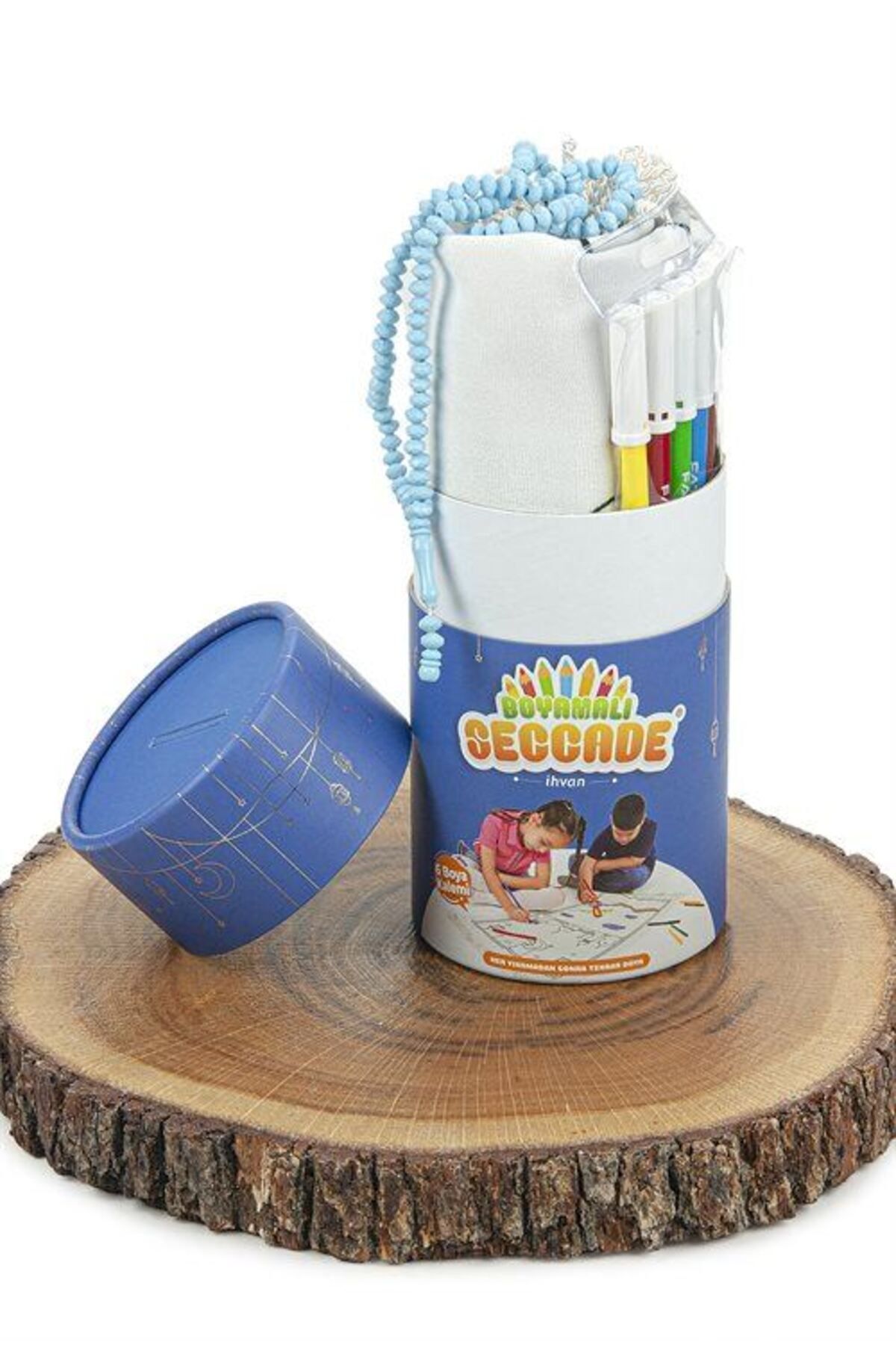 Boyamalı Çocuk Seccadesi ve Kumbaralı Tesbih Seti (Mavi) Yıka ve Tekrar Boya