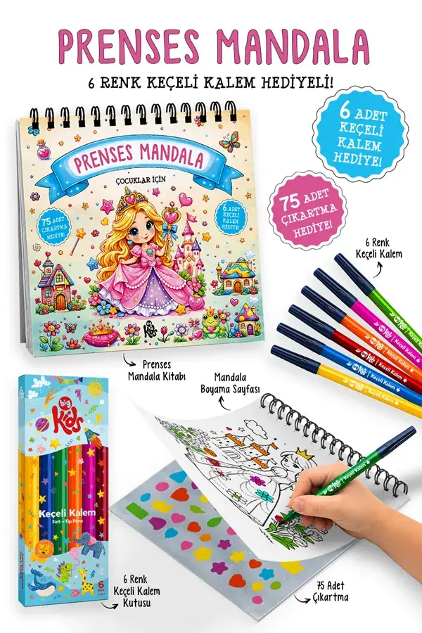 Bigkids Yayınları Prenses Mandala - 6 Renk Keçeli Kalem ve 75 Adet Çıkartma Hediyeli 3+