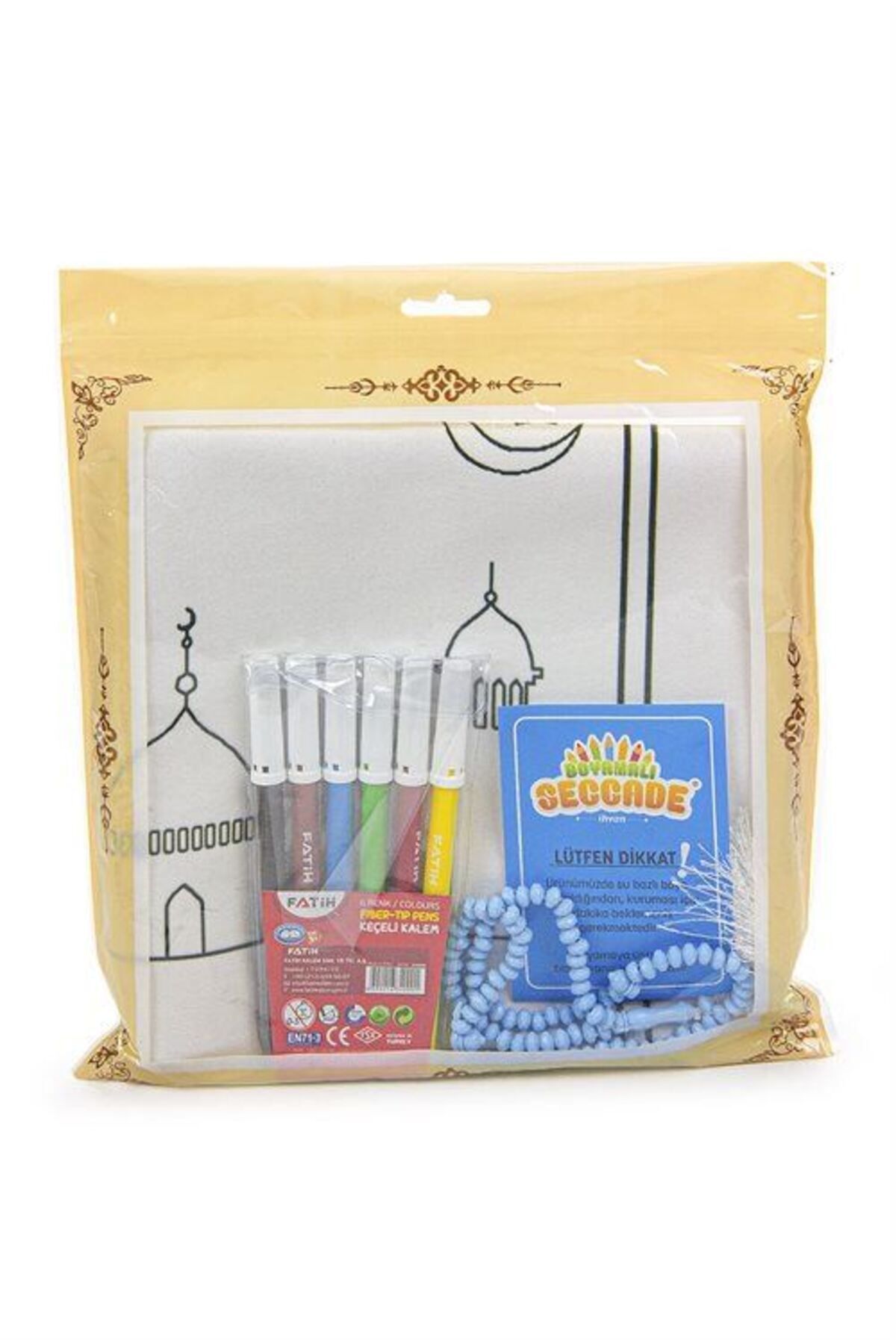 Boyamalı Çocuk Seccadesi ve Tesbih Seti (Mavi) Yıka ve Tekrar Boya