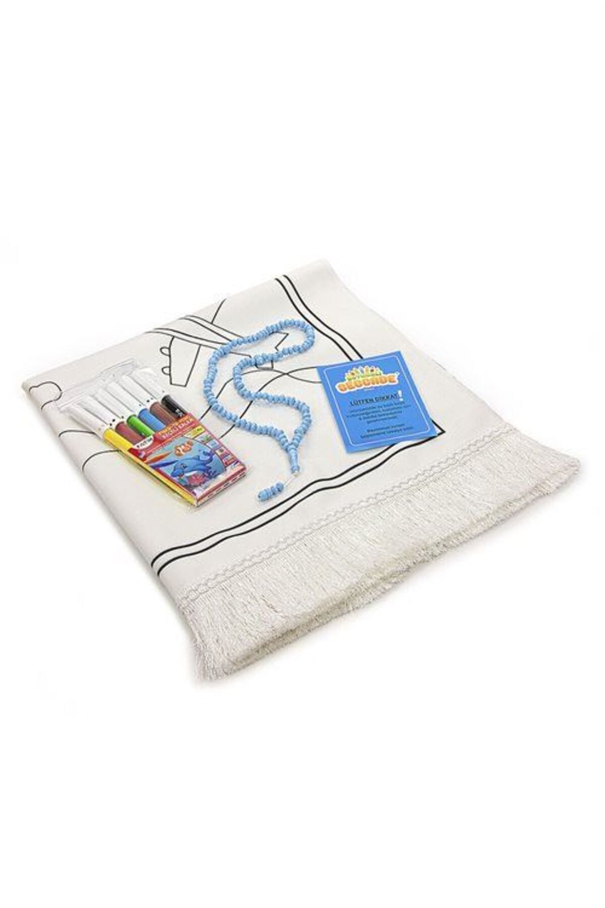 Boyamalı Çocuk Seccadesi ve Tesbih Seti (Mavi) Yıka ve Tekrar Boya