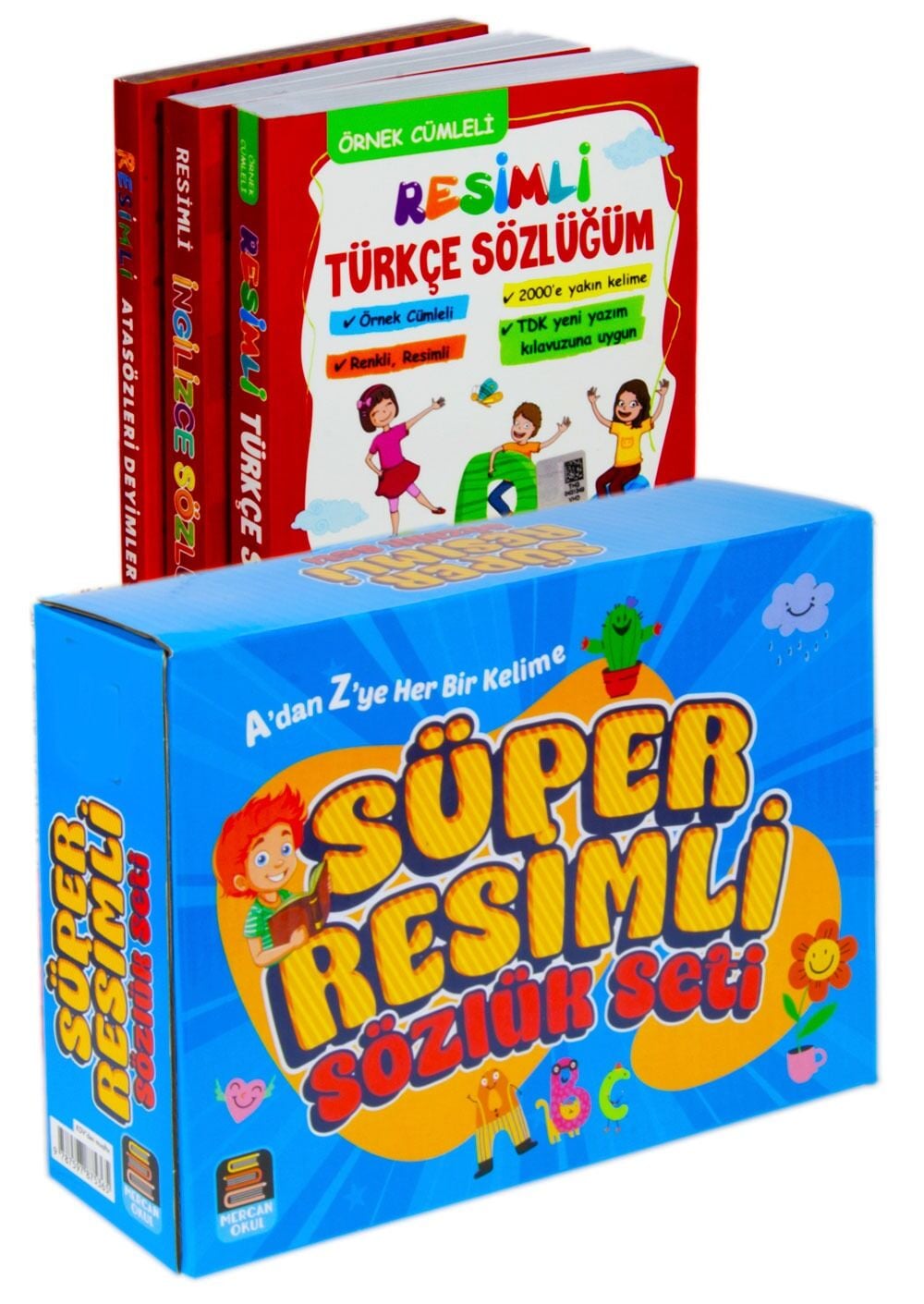 2027 Mercan Okul  Süper Resimli Sözlük Seti Resimli Türkçe, Resimli İngilizce Resimli Atasözleri Ve Deyimler Sözlüğü 3 Kitap Set