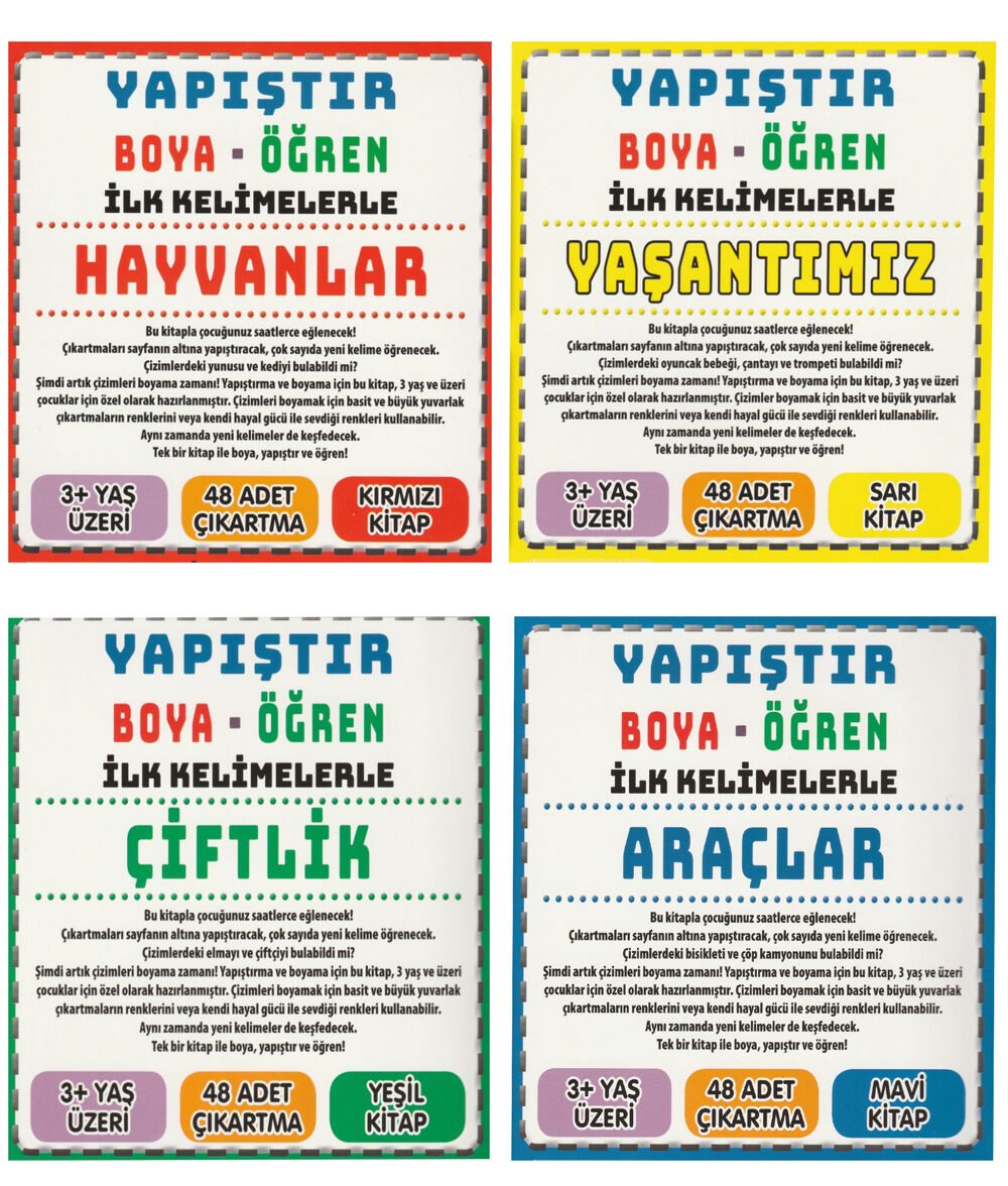 Mercan Okul Yapıştır Boya Öğren İlk kelimelerle Araçlar, Hayvanlar, Çiftlik, Yaşantımız (4 Kitap Set) 3+Yaş