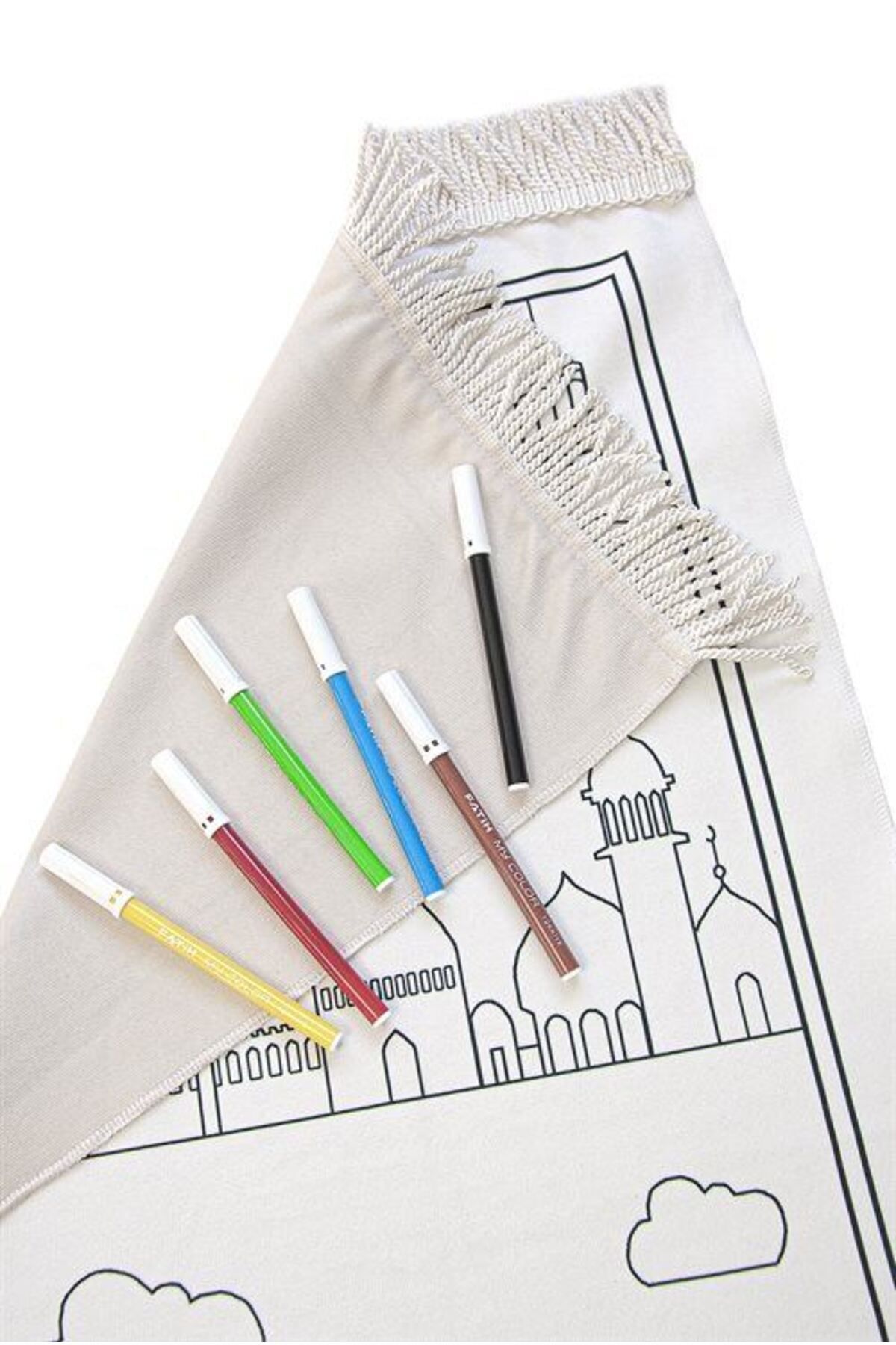 Boyamalı Çocuk Seccadesi ve Kumbaralı Tesbih Seti (Kırmızı) Yıka ve Tekrar Boya