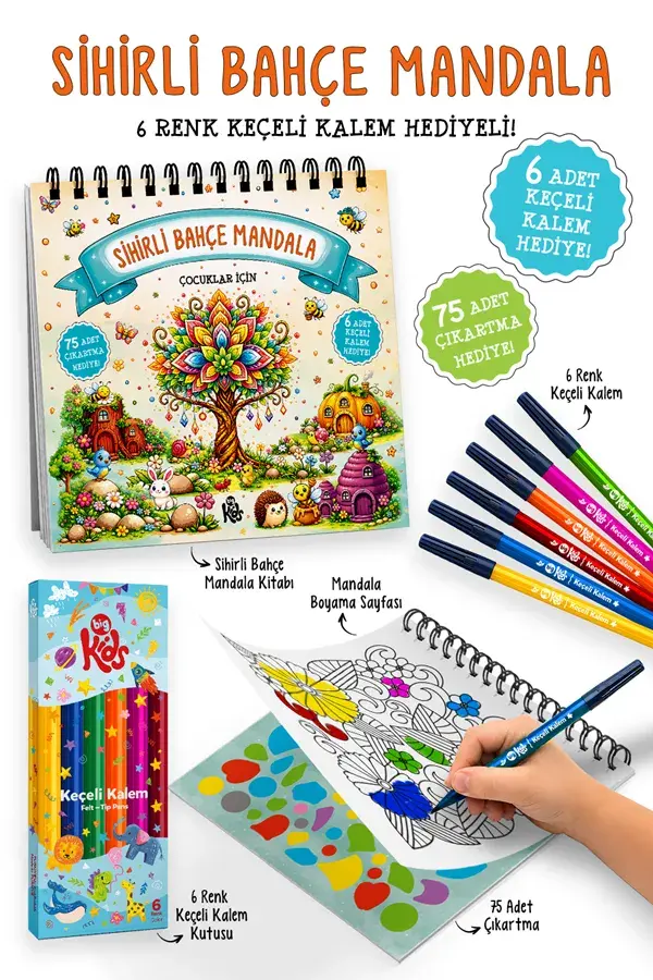 Bigkids Yayınları Sihirli Bahçe Mandala - 6 Renk Keçeli Kalem ve 75 Adet Çıkartma Hediyeli 3+