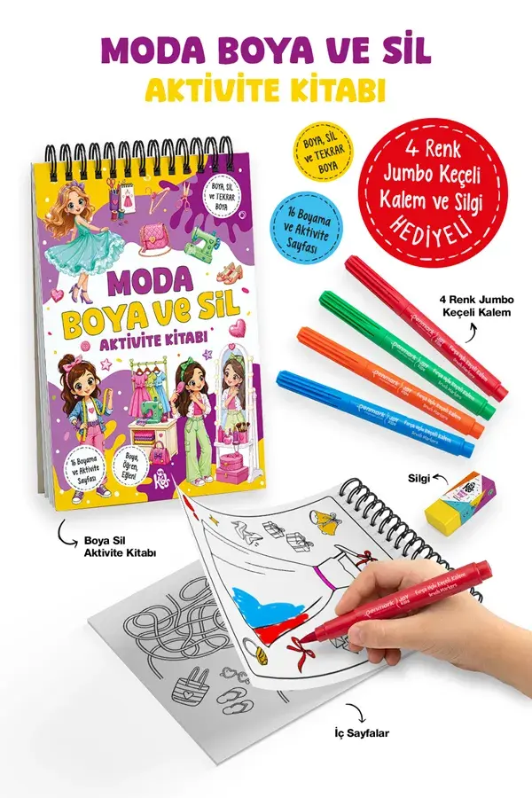 Bigkids Yayınları Moda – Boya ve Sil Aktivite Kitabı – 4 Renk Jumbo Keçeli Kalem ve Silgi Hediyeli / 3 Yaş +