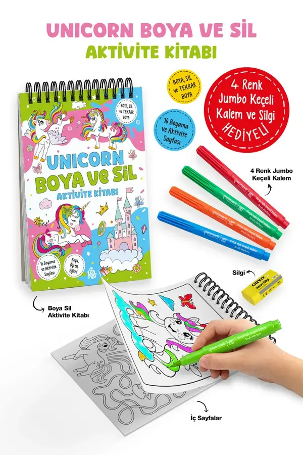 Bigkids Yayınları Unicorn – Boya ve Sil Aktivite Kitabı / 3 Yaş +
