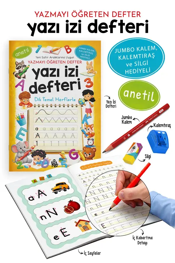 Yazı İzi Defteri - Yazmayı Öğreten Defter - Jumbo Kalem, Kalemtıraş ve Silgi Hediyeli