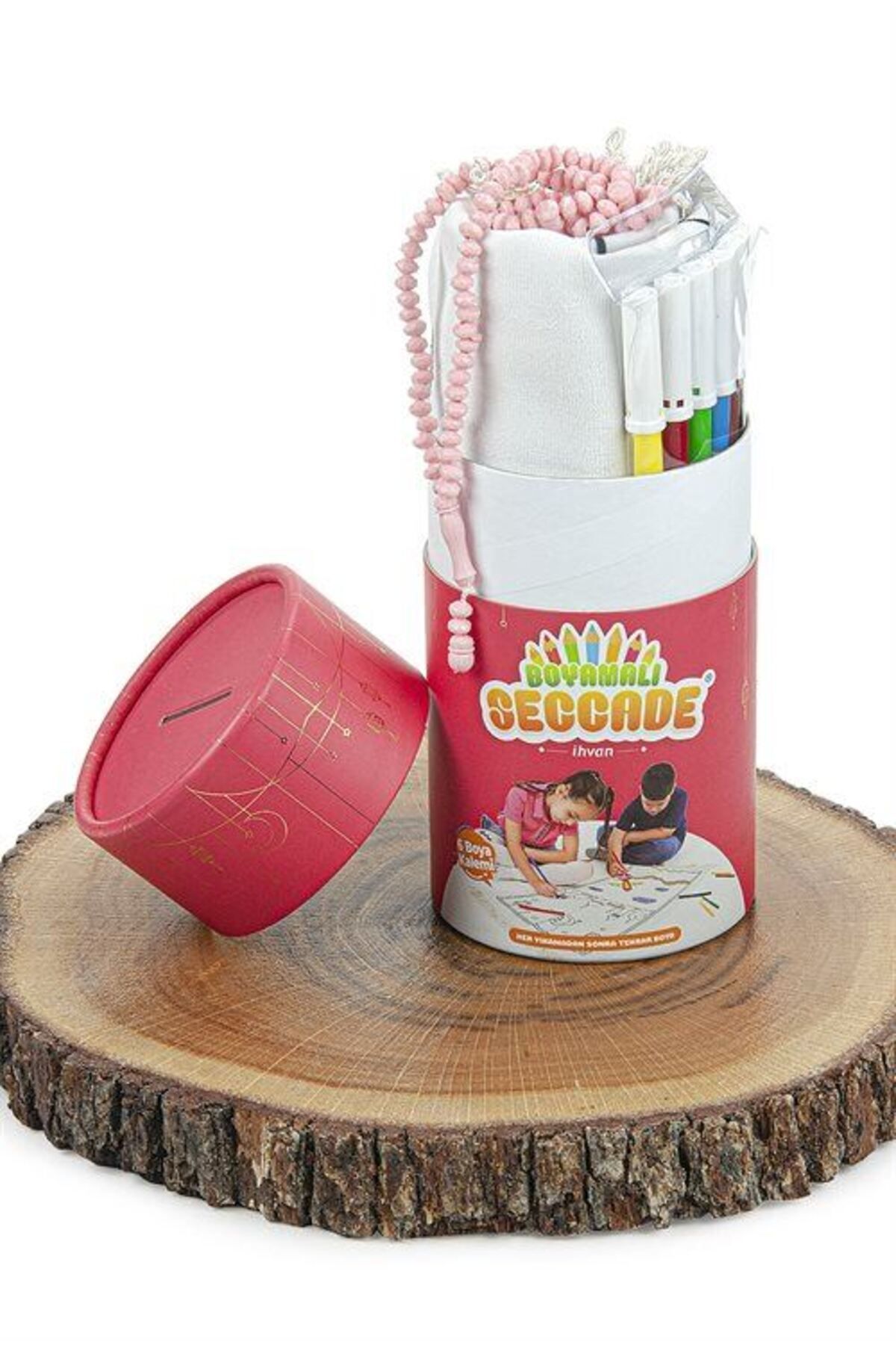 Boyamalı Çocuk Seccadesi ve Kumbaralı Tesbih Seti (Kırmızı) Yıka ve Tekrar Boya