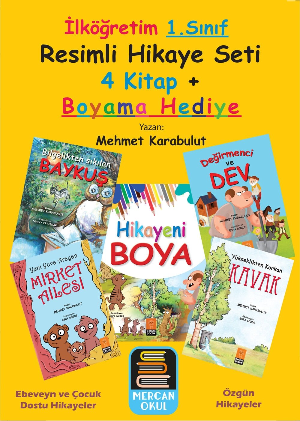 mercan Okul 1.Sınıf Resimli Hikaye Seti 4 Kitap  Boyama Kitabı Hediye